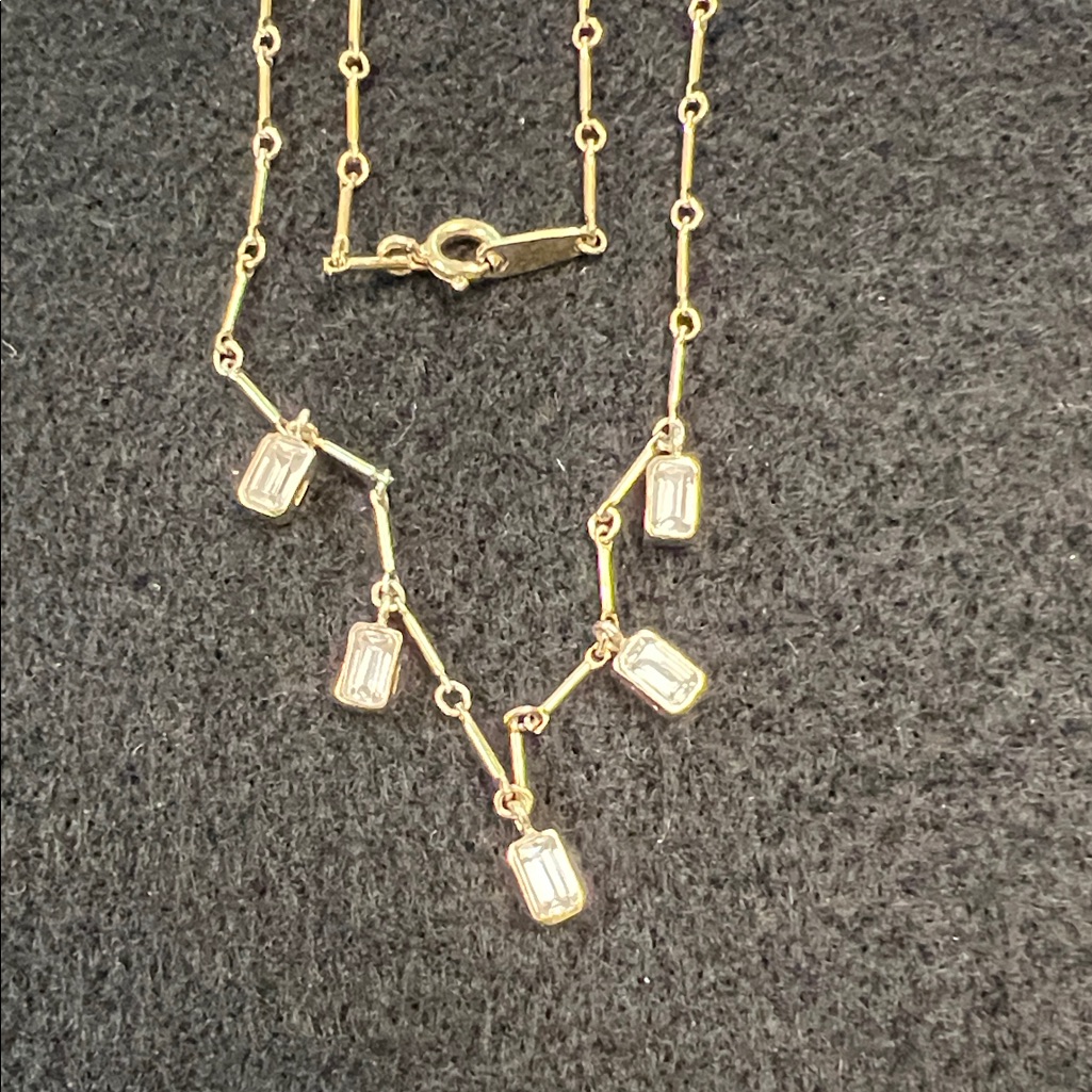 Elegant Sterling Silver 925 Gold Plated Necklace 18” With 5 Crystal Accents